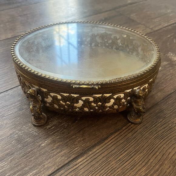Gold Glass Vintage Jewelry Casket Box Ormolu Filigree Cherubs Trinkets Large